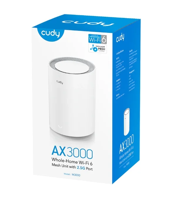 Cudy M3000 (1-Pack) AX3000 Wi-Fi 6 Mesh 2.5G Solution Dual-Band 2402Mbps at 5GHz + 574Mbps at 2.4GHz