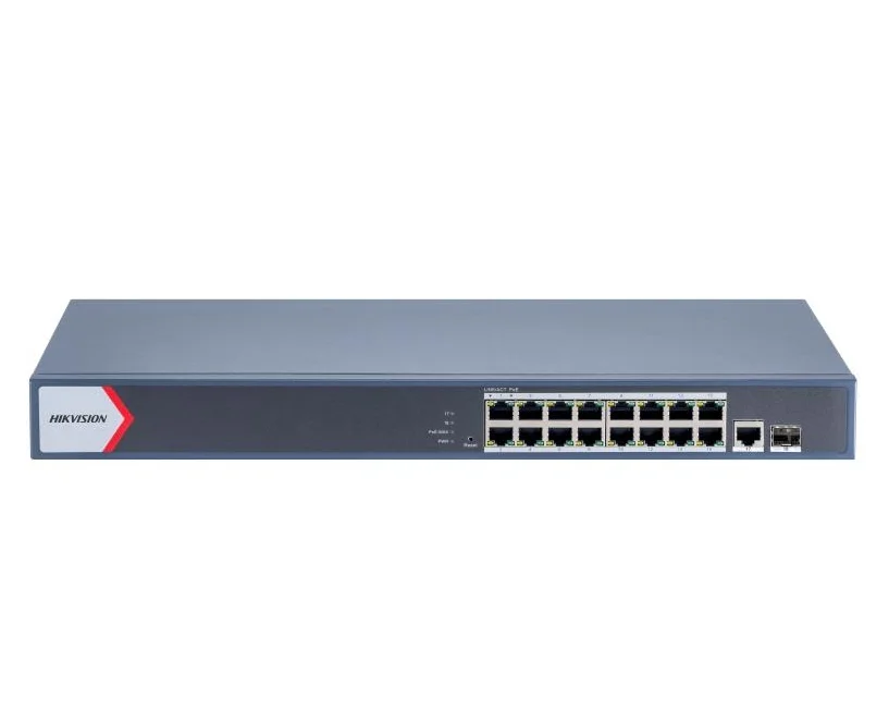 HikVision 16 Port Gigabit Smart POE Switch, 16 x Gigabit PoE port, 1 x Gigabit RJ45 port, 1 x Gigabit fiber optical port, Total PoE Power Budget 230 W, Up to 300 m Long Range PoE Transmission, 6 kV Surge Protection