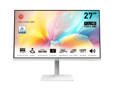 MSI Modern MD2712PW, 27", 100Hz, 1ms, IPS, 1920x1080 (FHD), 16:9, Flat, HDR Ready, EyesErgo, AG, MSI Display Kit, 117% sRGB, 300 nits, 1000:1, RedDot Winner, 1xHDMI1.4, 1xTypeC DP alt. w/PD (15W), Speakers 2x3W, Pivot, Heigh Adj., VESA, White, 5.85kg