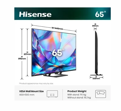 Hisense 65" A7S, 4K Ultra HD 3840x2160, QLED, HDR 10+, HLG, Dolby Vision, Dolby Atmos, Smart TV, Light Sensor, WiFi Direct, BT, Anyview Cast, 3xHDMI, 2xUSB, LAN, CI+, DVB-T2/C/S2, Black