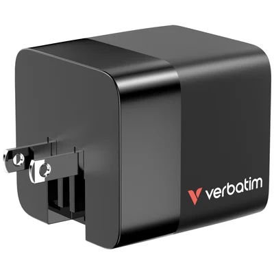Verbatim Mini GaN Charger 65W 2 Port retractable cable display US plugs with EU and UK adaptors