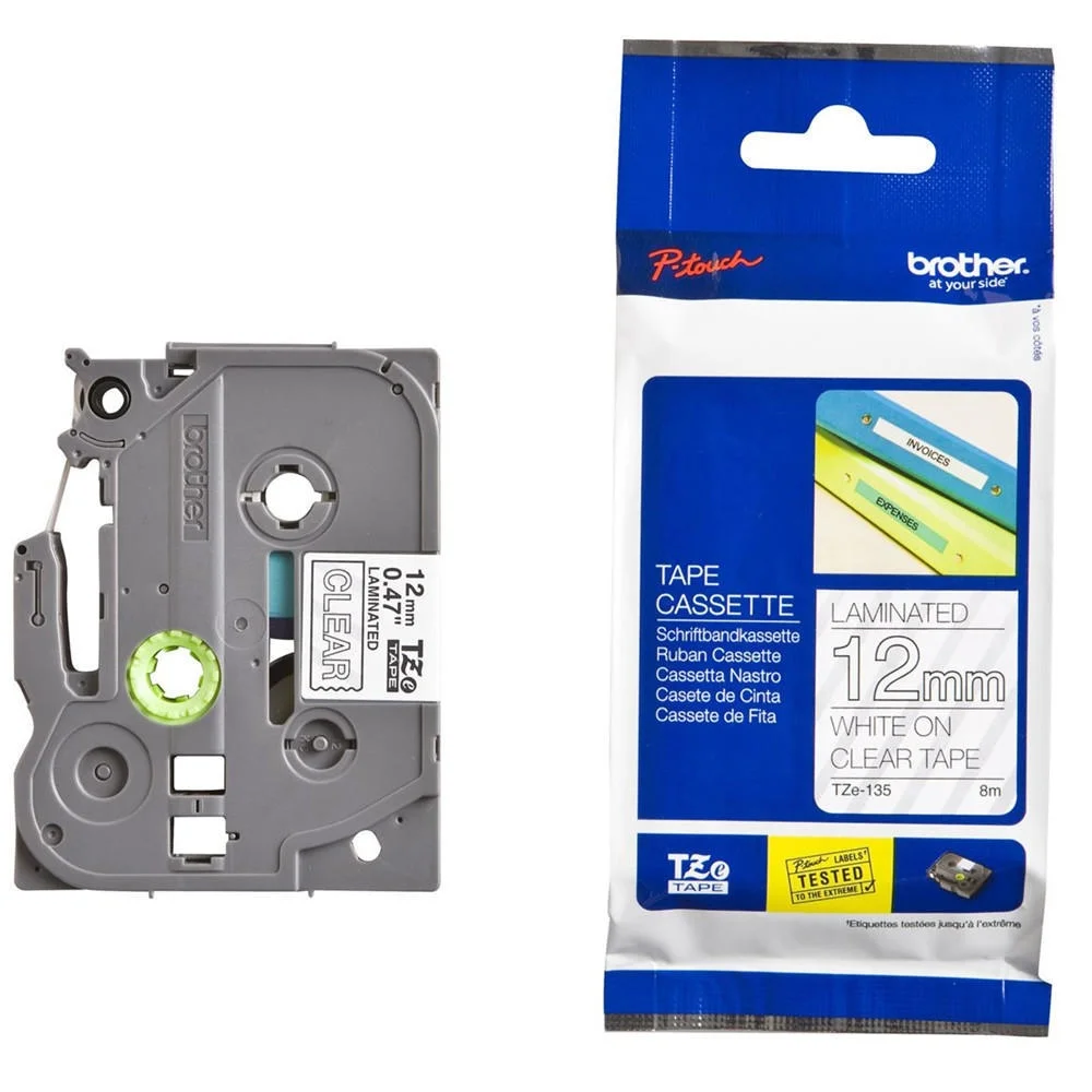 Етикетна лента Brother TZE135 12mm бял текст на прозрачен фон
