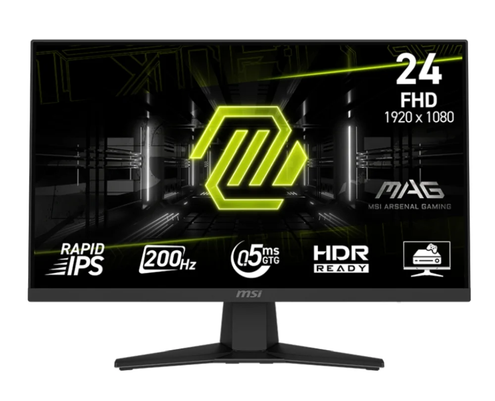 MSI MAG 244F, 23.8", 0.5ms, 200Hz, Rapid IPS, 1920x1080 (FHD), 16:9, AMD FreeSync Premium, 96% DCI-P3, AG, HDR Ready, 300 nits, 1000:1, DCR 100M:1, DP(1.2a), HDMI 2.0b, Tilt, VESA, Black, 2.9kg
