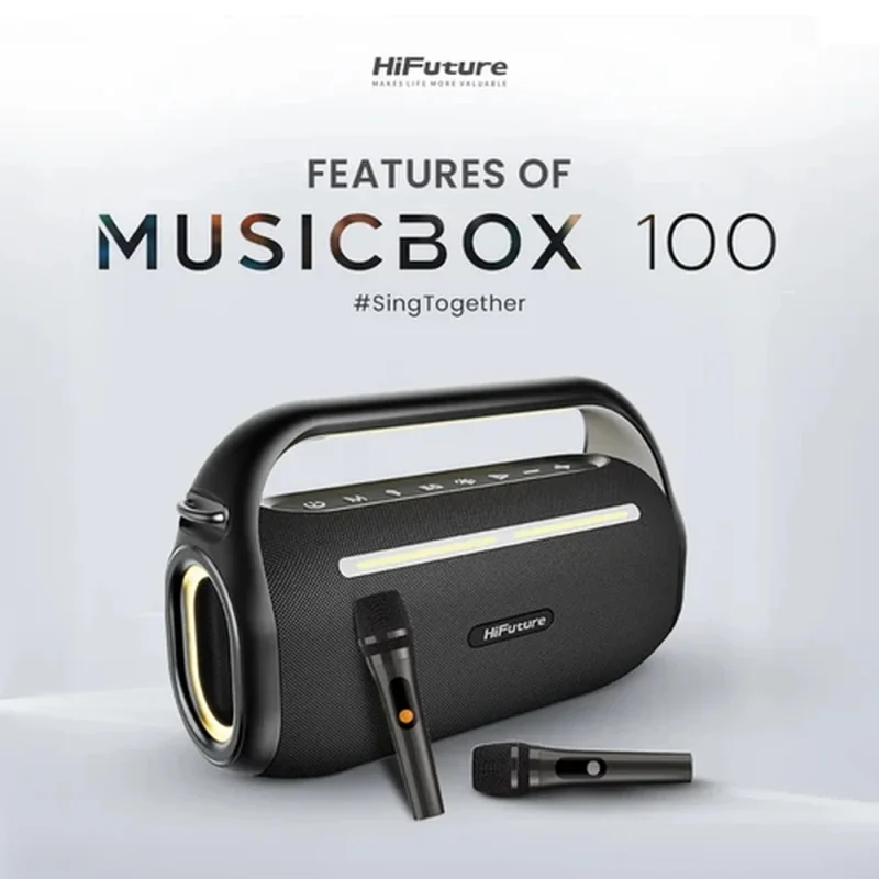 HiFuture MusicBox100 Black, 20W Output, Karaoke Enable, Two Wireless Microphone, 4000mAh Battery (Support Power Bank), RGB Lighting, Pair to Play (TWS Mode), Bluetooth 5.3