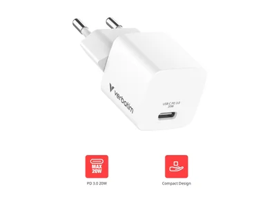 Зарядно устройство VERBATIM – Mini GaN Charger 20W, EU plug, USB-C, бяло