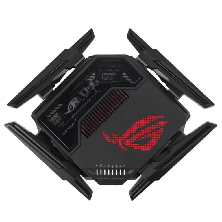Asus Gaming Wireless Router, ROG Rapture GT-BE98, BE25000, Quad-Band, Quad-Core 2.6GHz CPU, 256MB/2GB Flash/RAM, 10G dual-port, 2.5G quad-port, AiProtection Pro, RangeBoost Plus, AiRadar TX, open NAT, VPN Fusion, multiple SSIDs, IPTV, RGB, AiMesh, Black