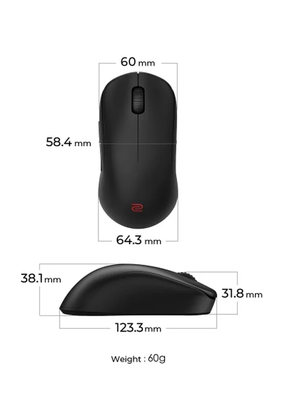 Геймърска мишка BenQ ZOWIE U2-DW 4K Wireless, 3200 DPI, 4000 Hz, Size M, 60g, симетричен дизайн, черен