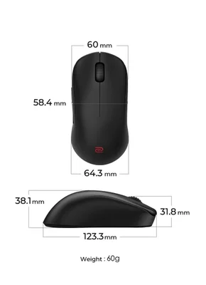 Геймърска мишка BenQ ZOWIE U2-DW 4K Wireless, 3200 DPI, 4000 Hz, Size M, 60g, симетричен дизайн, черен