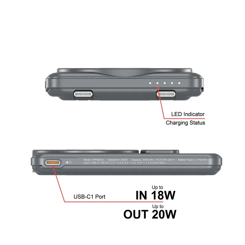 Външна батерия Verbatim Charge 'n' Go 2C 5000mAh магнитна безжична с 2 USB-C кабела и стойка, сива