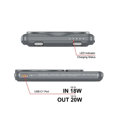 Външна батерия Verbatim Charge 'n' Go 2C 5000mAh магнитна безжична с 2 USB-C кабела и стойка, сива