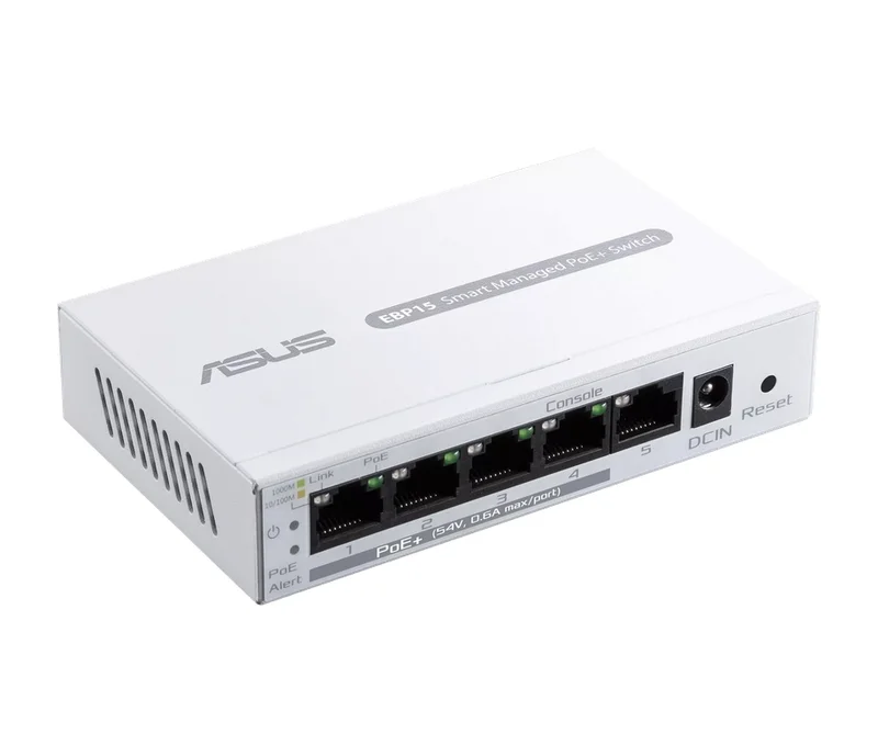 Asus Business 5Port Smart Managed Switch PoE+,ExpertWiFi EBP15, 4 ports PoE+, 60W, VLAN, QoS, Port Mirroring, wall mounting,White