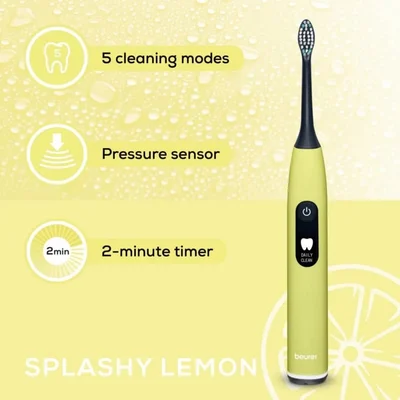 Beurer SC 50 splashy lemon Electric Sonic Toothbrush, up to 80,000 mov/min, 5 cleaning programs: Clean, Sensitive, Polish, Gum Care, Whiten, Pressure sensor , 2-min. timer, Incl. 2 toothbrush heads and magnetic charging plate, 22 days of battery life