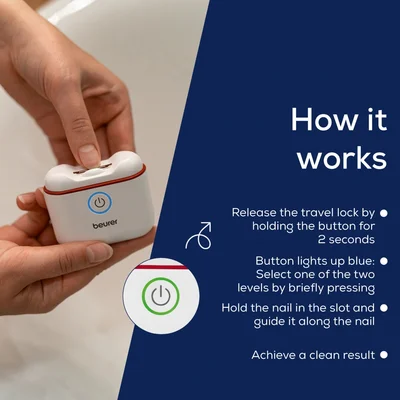 Beurer MP 10 Electric nail clipper; Nails are cut automatically; One-button operation; Ideal for children & the elderly; Two speed settings; LED light; USB-C cable incl.