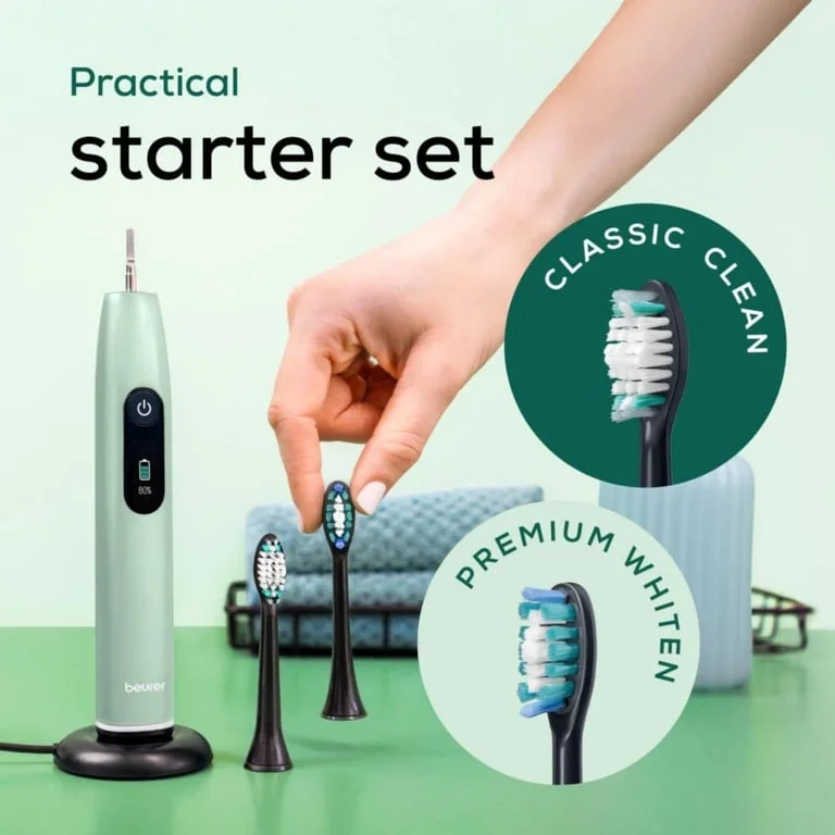 Beurer SC 50 peppermint Electric Sonic Toothbrush, up to 80,000 mov/min, 5 cleaning programs: Clean, Sensitive, Polish, Gum Care, Whiten, Pressure sensor , 2-min. timer, Incl. 2 toothbrush heads and magnetic charging plate, 22 days of battery life