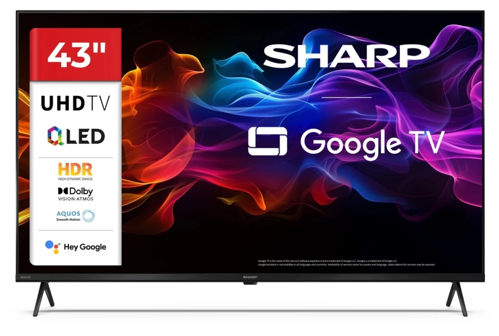 Sharp 43HP5265E, 43" QLED Google TV, 4K Ultra HD 3840x2160 Frameless, 1 000 000:1, AQUOS, DVB-T/T2/C/S/S2, Active Motion 1000, HDR10, Dolby Atmos, Dolby Vision, Google Assistant, Google Cast, HDMI 2.1 with eARC, 3.5mm Headphone jack / line-out, USB, Wi-