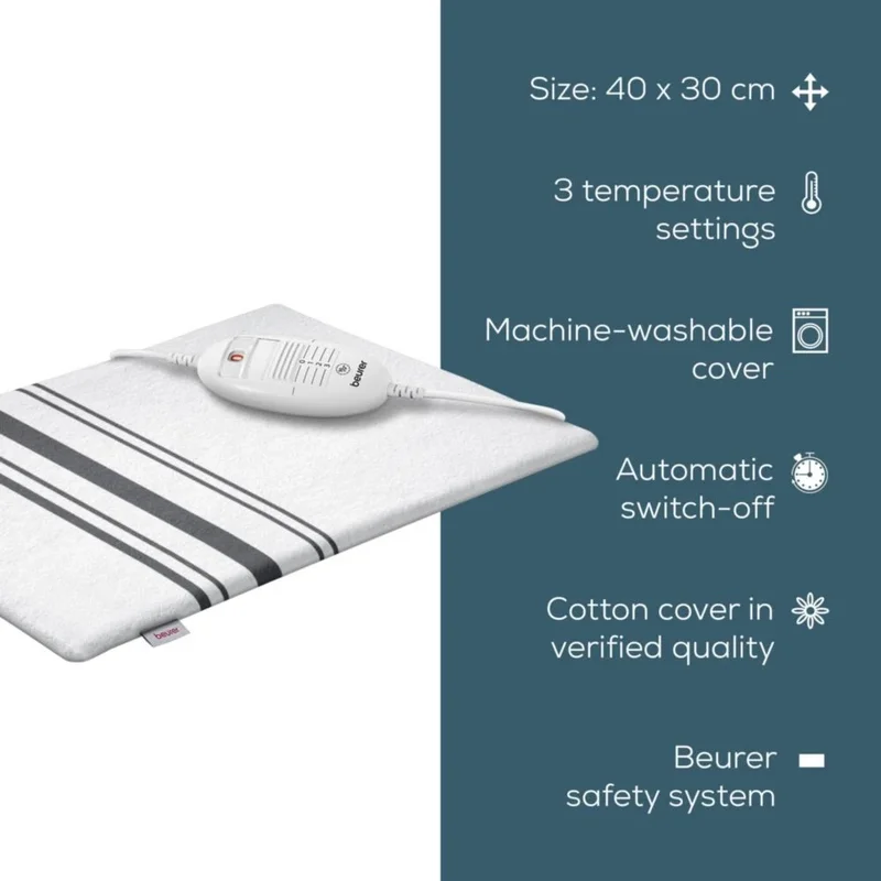 Beurer HK 26 Heat Pad; 3 Illuminated temperature settings; Auto switch-off after 90 min;Cotton cover washable on 40°; BSS;40(L)x30(W) cm; white-grey