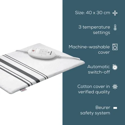Beurer HK 26 Heat Pad; 3 Illuminated temperature settings; Auto switch-off after 90 min;Cotton cover washable on 40°; BSS;40(L)x30(W) cm; white-grey