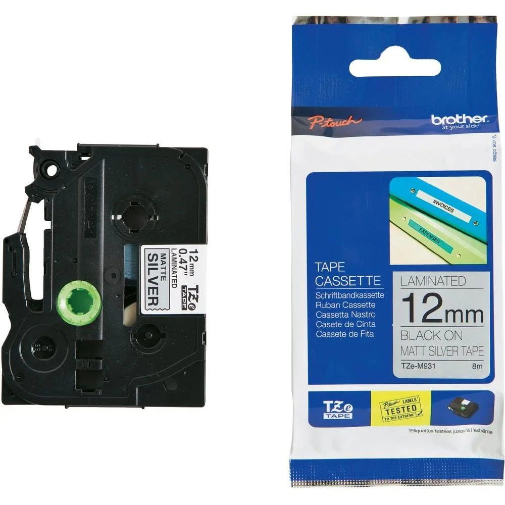 Лента TZEM931 12mm ЧЕРНА НА СРЕБРО