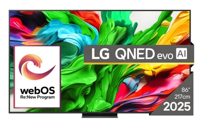 LG 86QNED86A3A, 86" 4K QNED HDR Smart TV, 3840x2160, 120Hz Native (VRR 144Hz), DVB-T2/C/S2, Alpha 8 AI Processor, HDR 10 PRO, webOS 25 ThinQ, 4K Upscaling, WiFi 5, Dolby Vision, Bluetooth 5.1, AirPlay 2, LAN, CI, HDMI, SPDIF, Stand
