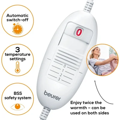 Beurer HK 48 Cosy Heat Pad; 3 temperature settings; auto switch-off after 90 min; washable on 30°; reversable cushion; with inner pad; removable switch; fleece fibre; 40(L)x30(W) cm