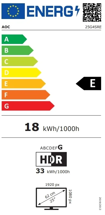 AOC 25G4SRE, 24.5" Fast IPS WLED, 1920x1080@300Hz (OC 310Hz), 1ms GtG, 0.3ms MPRT, 400cd m/2, 1000:1, 80M:1 DCR, Adaptive Sync, FlickerFree, Tilt, 2xHDMI, DP