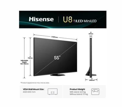 Телевизор Hisense U8Q 55" 4K UHD Mini LED Pro 165Hz Quantum Dot HDR10+ Dolby Vision IQ Dolby Atmos Smart TV Черен