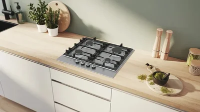 Bosch PCP6A5I90, SER6, Gas hob, 4 zones, Wok burner, 9 power levels, FlameSelect new, Easy cleaning, inox, 60cm