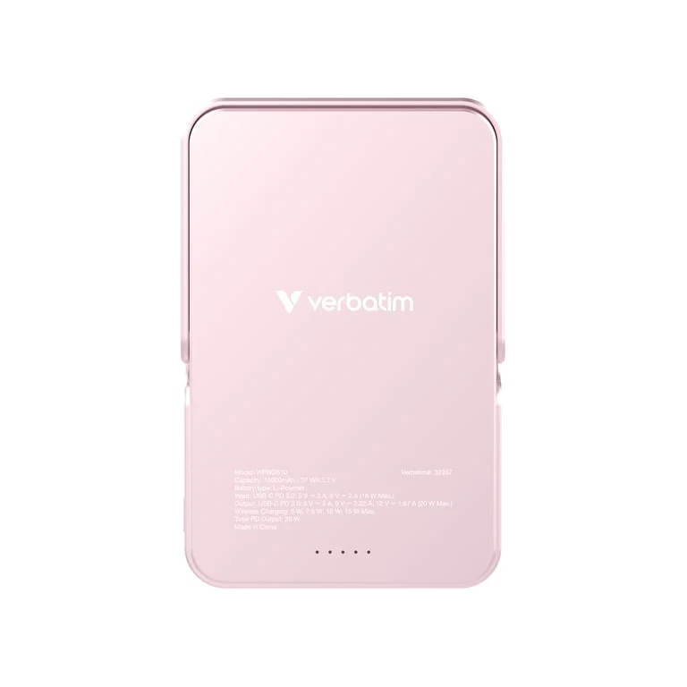 Външна батерия Verbatim Charge 'n' Go 10000mAh, магнитно безжично зареждане, стойка, розова