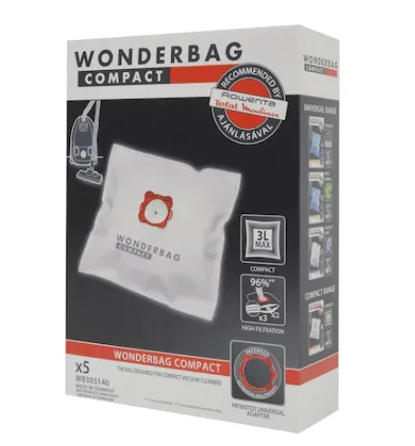 Rowenta WB305140, Wonderbag Compact, Vacuum Bags, Set of 5 bags + 1 adapter ring, 3-layered, Universal, textile