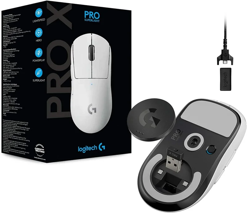 Logitech G Pro X Superlight Wireless Mouse, Lightspeed Wireless 1ms, HERO 25K DPI Sensor, 400 IPS, Onboard Memory, >63g, White