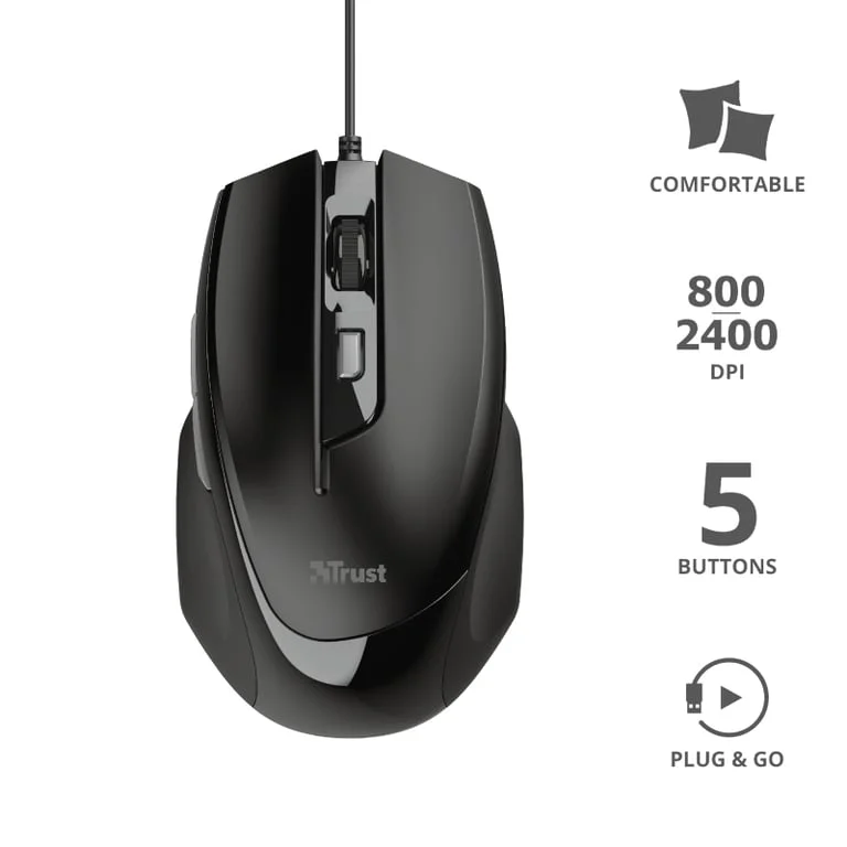 Мишка TRUST Voca Comfort, оптична, 2400 dpi, 6 бутона, черна
