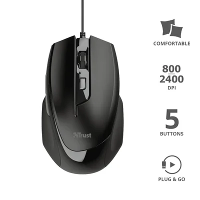 Мишка TRUST Voca Comfort, оптична, 2400 dpi, 6 бутона, черна