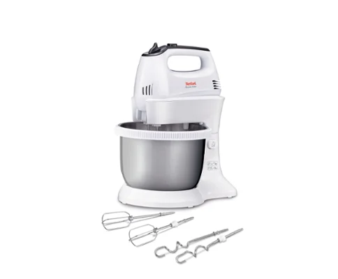 Tefal HT312138, Quick mix Hand Mixer with bowl, 300 W, 5 Speeds + turbo, 2 Beaters, 2 Dough hooks, automatic rotating bowl, white & inox standbowl