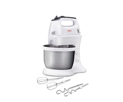 Tefal HT312138, Quick mix Hand Mixer with bowl, 300 W, 5 Speeds + turbo, 2 Beaters, 2 Dough hooks, automatic rotating bowl, white & inox standbowl