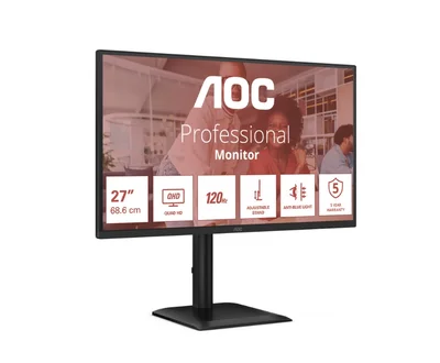 AOC Q27E4U, 27" IPS WLED, 2560x1440@120Hz, 4ms GtG, 350cd m/2, 1500:1, 20M:1 DCR, Adaptive Sync, FlickerFree, Anti Blue Light, 2Wx2, Tilt, Height Adjust, Pivot, Swivel, HDMI, DP, USB Hub