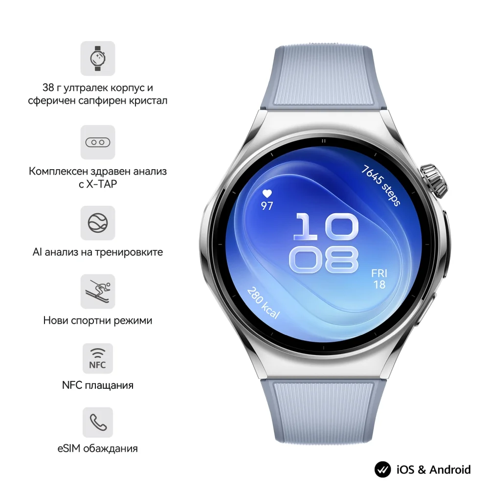 Смарт часовник Huawei Watch 6 Niz-L19F, 1.5" LTPO OLED, 2GB RAM, 64GB, 4G LTE, син + FreeBuds 7i бели