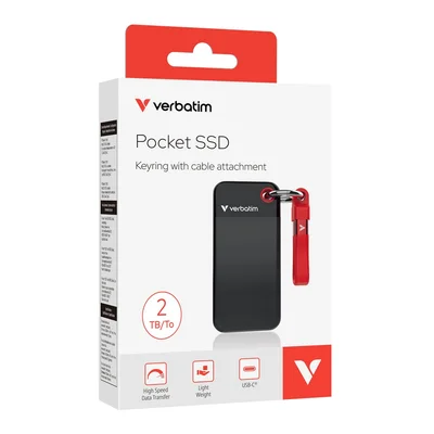SSD диск VERBATIM – Pocket SSD USB 3.2 Gen 2, 2TB, външен, черен/червен