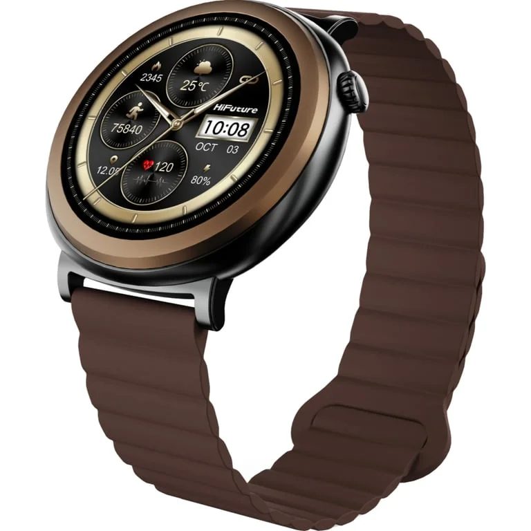 HiFuture Aurora Brown, 1.43" AMOLED,  466*466, Powered by Dual Core & Syntra AI, Bluetooth Call, IP68  Waterproof, 24/7 True Heart Rate & Blood Oxygen Sensor, Up to 10 days daily use, Magnetic Strap