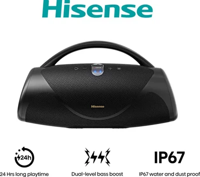 Hisense, VoyageBoom, Party speaker 2.0 Ch., 360W, BT, 24h play,IP67 Water and Dust Proof,Ambient Light,Dual-way Strap,Built-in Powerbank,Dual-level Bass Boost,Black