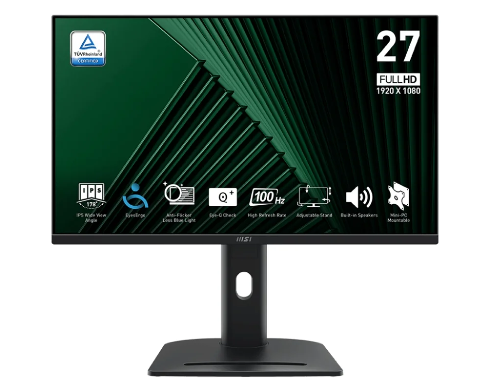 MSI PRO MP275PG, 27", 1ms, 100Hz, IPS, 1920x1080 (FHD), 16:9, FLAT, Adaptive-Sync, MSI Power Link, EyesErgo, 78% SRGB, AG, 300 nits, 1000:1, DP (1.2a), HDMI 1.4b, VGA, Line-in, Speakers 2x2W, Pivot, Heigh Adj. 130 mm, VESA, Black, 6.03kg