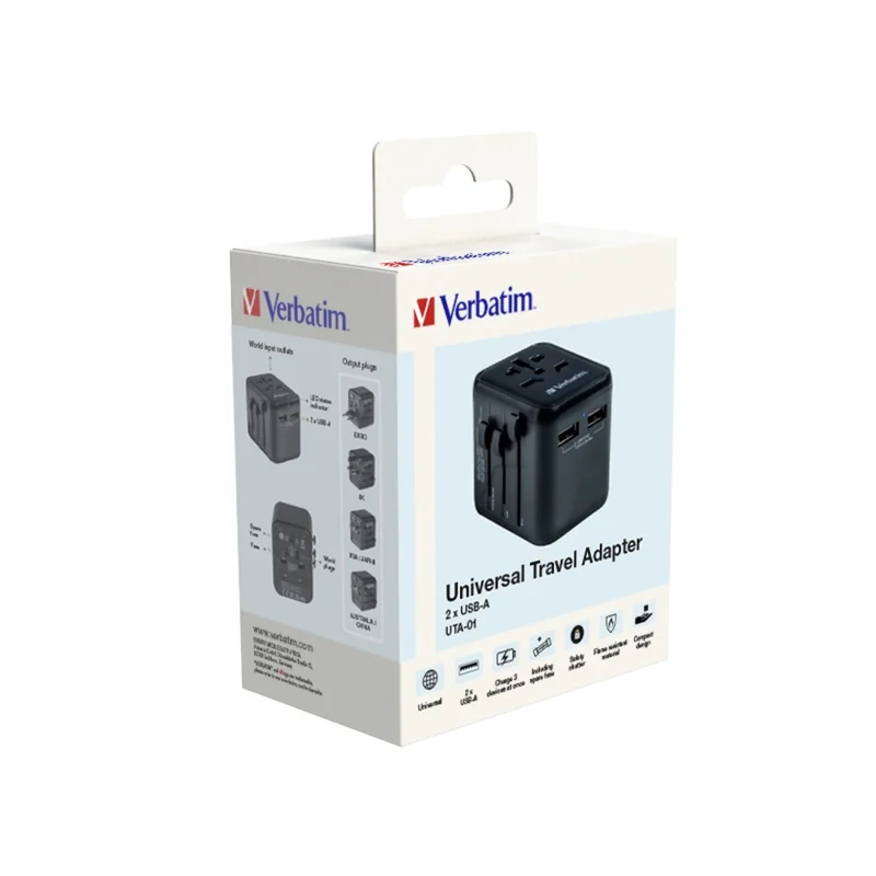 Универсален адаптер за пътуване Verbatim UTA-01 с 2 x USB-A порта, черен