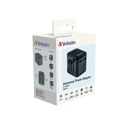 Универсален адаптер за пътуване Verbatim UTA-01 с 2 x USB-A порта, черен