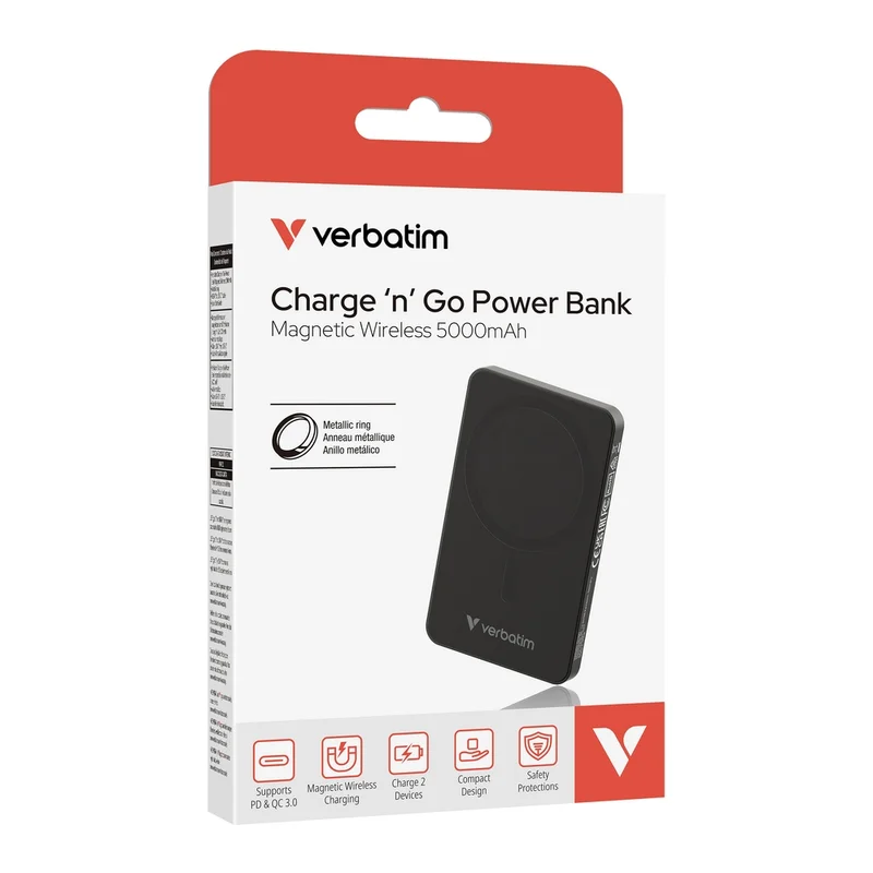Verbatim Charge 'n' Go Essentials Power Bank Magnetic Wireless 5000mAh Black