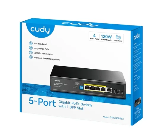 Cudy GS1005PTS1 5-Port Gigabit PoE+ Switch with 1 SFP Port 120W5-Port 10/100/1000M PoE+ Switch 120W, 4-Port 10/100/1000M PoE+ ports, Fanless, 120W Internal Power Supply