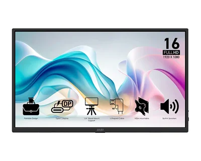 MSI PRO MP165 E6 Portable Monitor, 15.6", 4ms, 60Hz IPS, 1920x1080, EyesErgo, Anti-flicker, Less Blue Light, 250nits AG, 16.7M, 1000:1, 2xType-C(15W), HDMI(2.0b), 2x1W, Tilt, VESA 75, Black, 0.78kg