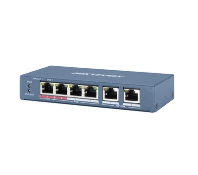 HikVision 6 Port Fast Ethernet Unmanaged POE Switch, 4x 10/100 Mbps PoE port, 2x 10/100 Mbps RJ45 port, Power Budget 60W, Up to 300 m Long Range PoE Transmission