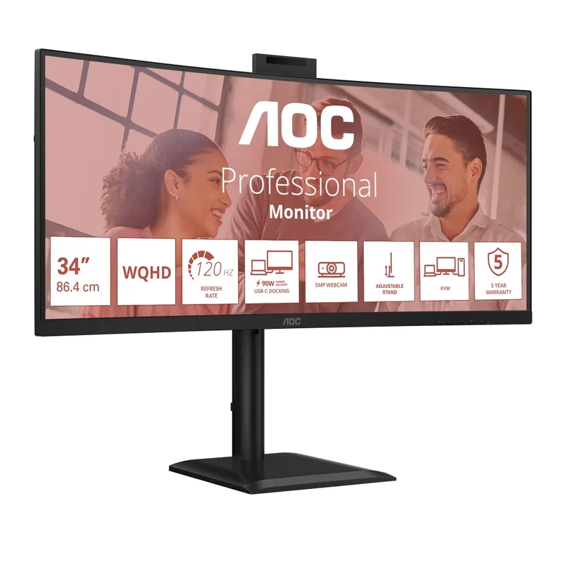 AOC CU34E4CW, 34" Curved 1500R, VA, WLED, 3440x1440@120Hz, 4ms GtG, 1ms MPRT, 350cd m/2, 3500:1, 50M:1 DCR, Adaptive Sync, FlickerFree, Anti-Blue Light, 5Wx2, Webcam 5MP, Tilt, Height Adjust, Swivel, 2xHDMI, DP, USB hub, KVM, RJ45
