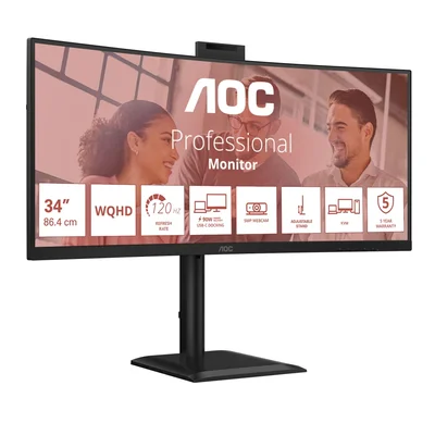AOC CU34E4CW, 34" Curved 1500R, VA, WLED, 3440x1440@120Hz, 4ms GtG, 1ms MPRT, 350cd m/2, 3500:1, 50M:1 DCR, Adaptive Sync, FlickerFree, Anti-Blue Light, 5Wx2, Webcam 5MP, Tilt, Height Adjust, Swivel, 2xHDMI, DP, USB hub, KVM, RJ45