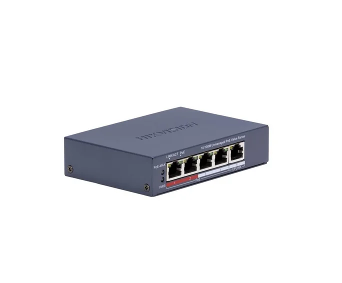 HikVision 4 Port Fast Ethernet Unmanaged POE Switch, 4 x 10/100 Mbps PoE port, 1 x 10/100 Mbps RJ45 port, Total PoE Power Budget 45W, Up to 300 m Long Range PoE Transmission, 6 KV Surge Protection