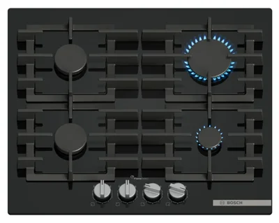 Bosch PPP6A6I40, SER6, Gas hob, 4 zones, 9 power levels, FlameSelect new, Easy cleaning, metal knobs, black, flush, 60cm